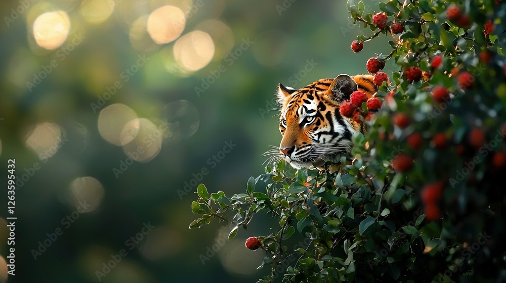 Poster a close-up photo of a tiger in a tree with berries on its head and a fuzzy background