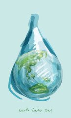 Hand drawing Water Drop Droplet World Earth Globe. Climate change A conceptual illustration of a water or rain drop droplet with a world earth globe inside