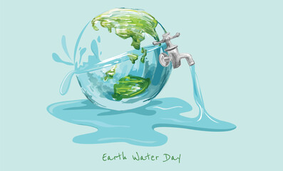 Hand drawing World Water Day water tap with spigot painting, Climate change Water conservation Water efficiency, Environmental Earth, drop, environmental Protection