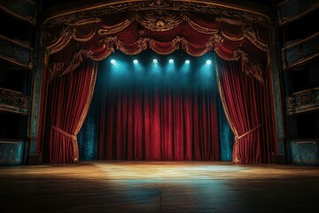 Theater stage with dramatic lighting and red curtains. Neural network AI generated