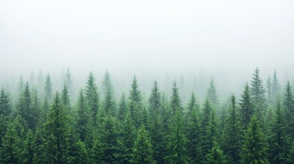 Fototapeta premium Green pine forest canopy shrouded in thick white fog during a misty morning.