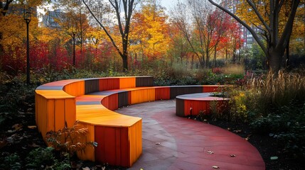 Obraz premium A park with a red path and orange benches