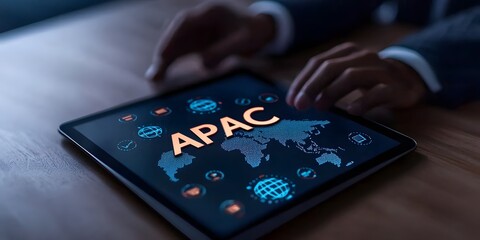 Global trade insights closeup of apac on tablet with map and icons business setting modern office environment