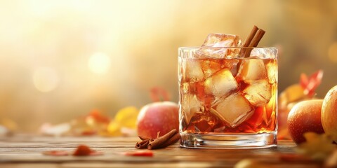 Cozy autumn beverage featuring whiskey, apple flavors, and warm spices on a rustic wooden table