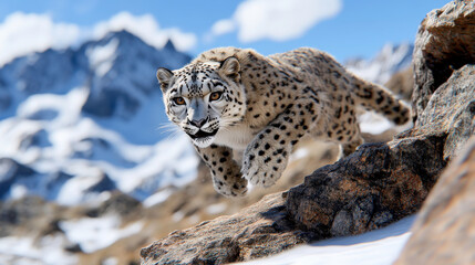 Obraz premium Majestic Snow Leopard in Mid-Leap Across Rocky Terrain with Beautiful Snow-Capped Mountains in the Background Under a Bright Blue Sky