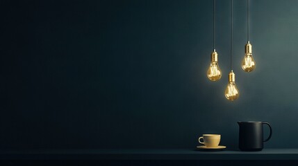   A coffee cup sits atop the table, accompanied by three light bulbs dangling from its ceiling