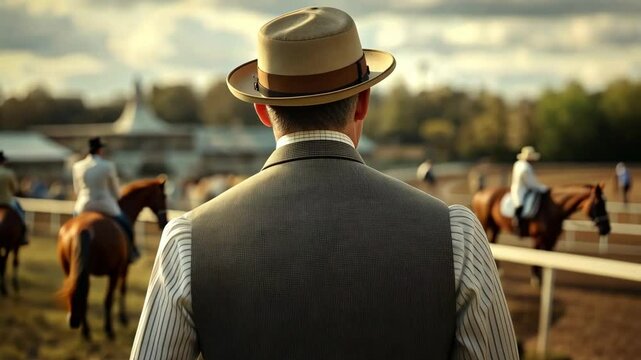 Elegant man in vintage attire watching a horse race. High quality 4k footage