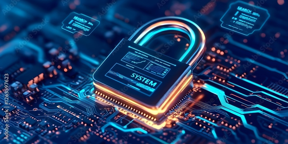 Poster futuristic cybersecurity event featuring glowing padlock digital environment high-tech modern concep
