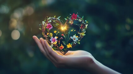   Hand holding heart-shaped ornament with string of lights