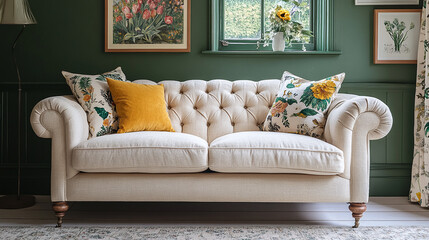 Cottage style interior design of a living room with sofa.