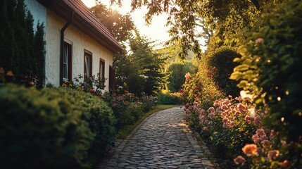 Cobblestone path to countryside cottage with flower beds and hedges