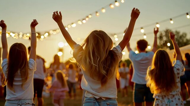 Lively summer festival with friends under a bright blue sky