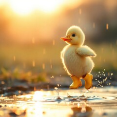 Cute duckling wearing boots, splashing in puddles in the rain, illuminated by a warm, golden sunlight.