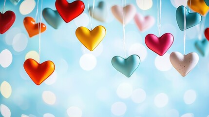   A string of heart-shaped ornaments dangling against a blue backdrop, illuminated by bokeh lights