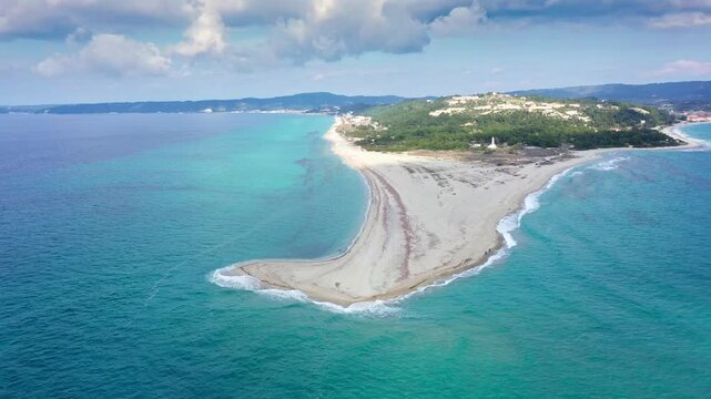 Aerial view of a exotic sandy peninsula of Posidi with turquoise clear sea. Kassandra, Chalkidiki, Greece