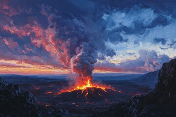 Fototapeta premium Twilight Eruption with Lava Flow Against Dramatic Sky for Nature and Adventure Posters