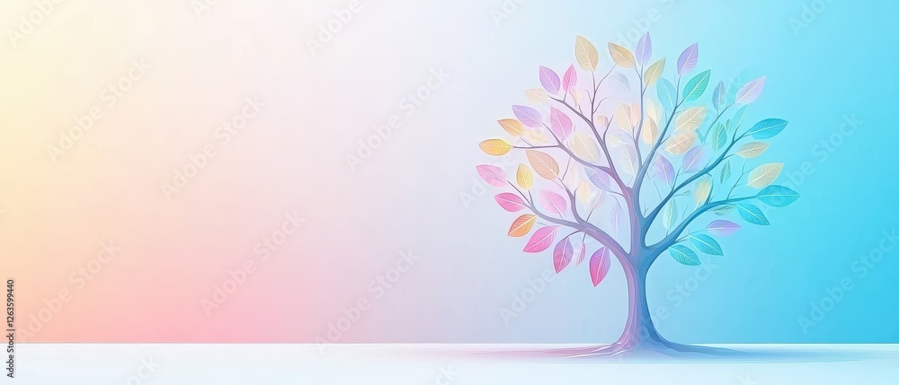 Poster digital artwork of a colorful tree with vibrant leaves against a soft gradient background in pastel 