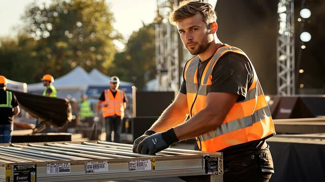 Stagehand unloading truss at outdoor event site preparations