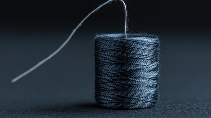 Close-up of dark blue thread spool on dark background