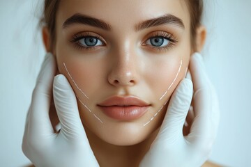 Consultation for cosmetic enhancement with facial markings on a young woman in a clinical setting