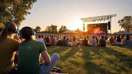 Vibrant outdoor music festival with synchronized headphone experience