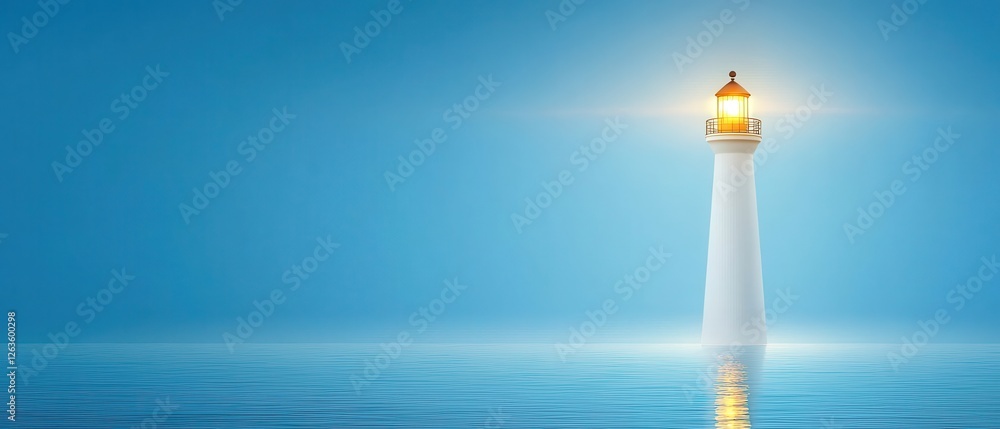 Poster bright beacon in tranquil waters at dawn with soft glow illuminating the surrounding calmness and se