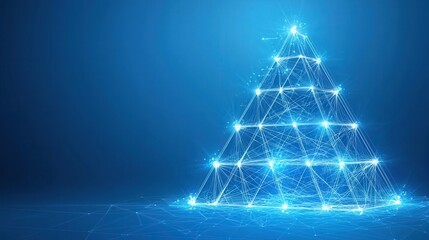Futuristic Digital Christmas Tree Design with Sparkling Lights and Geometric Structure on a Bright Blue Background