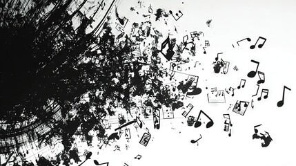  A monochrome image of a tree with melodious notes cascading from its branches in the atmosphere