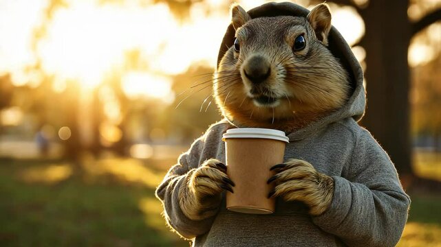 Adorable squirrel holding a coffee cup in warm sunlight. High quality 4k footage