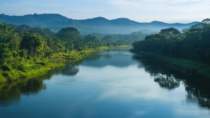 A fresh mountain river gently flowing through dense green woods, showcasing the beauty of unspoiled nature. The transparent water and lush foliage create a peaceful and serene atmosphere, symbolizing 