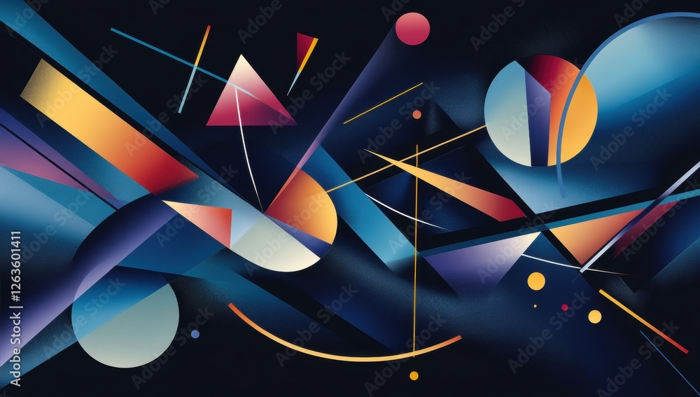 Poster Dark blue background with geometric shapes, dark shapes overlapping and intersecting, creating a sense of depth and movement with a mix of sharp angles and curved lines Generative AI