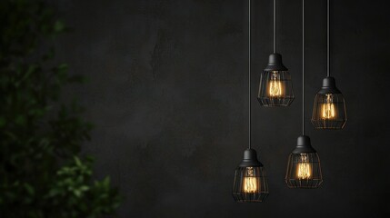  A dark room has hanging lights and a plant in one corner