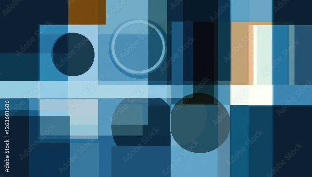 Poster blue geometric background presentation design, with a dark blue background and squares and circles i