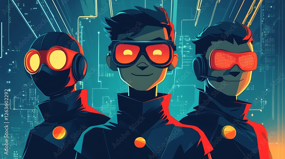 Poster three futuristic characters with glowing goggles stand against a tech background.