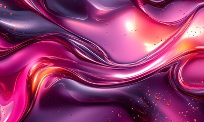 Abstract liquid waves in pink and purple tones with reflective surface and drops of water