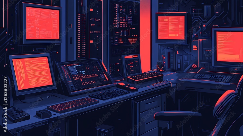 Poster cyberpunk-style server room with multiple monitors displaying red code, keyboards, and a desk chair.