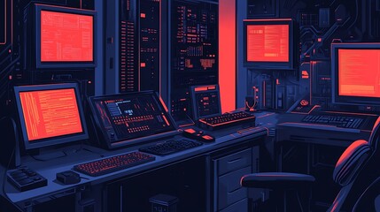 Cyberpunk-style server room with multiple monitors displaying red code, keyboards, and a desk chair.