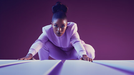 Fashionable african american woman in suit posing against purple background
