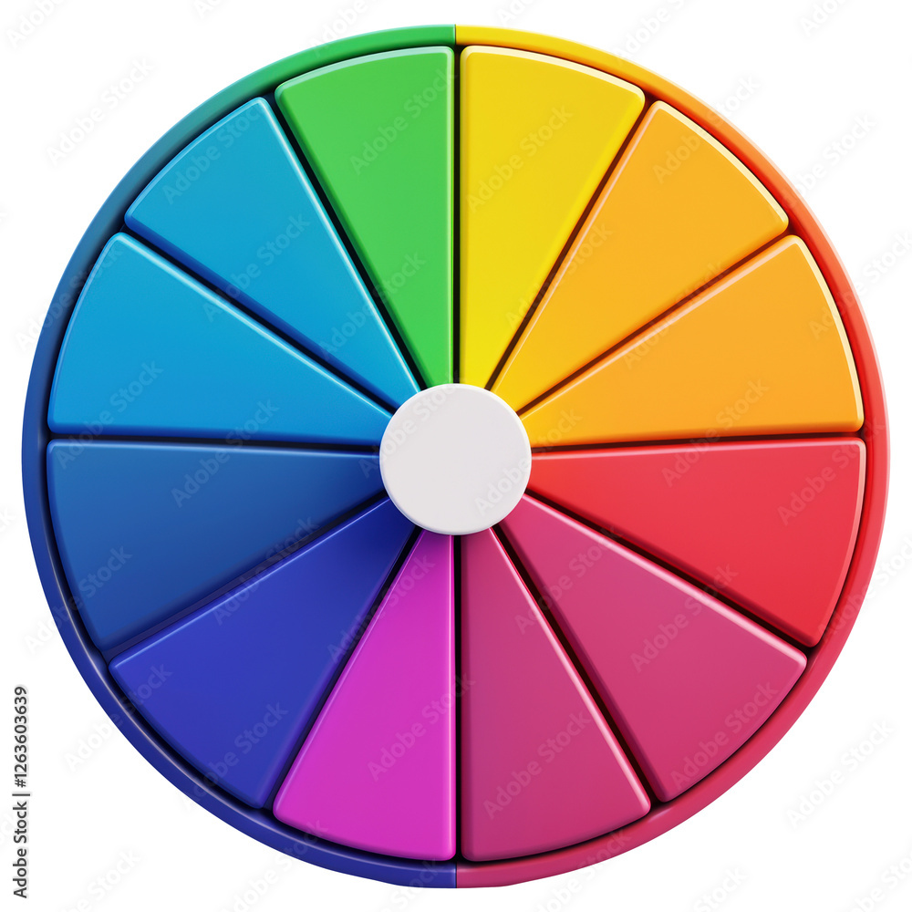Poster vibrant color wheel with multiple segments and a smooth central knob on transparent backdrop