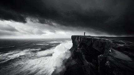   A monochrome snapshot of a man perched on a precipice, gazing out at the tempestuous seascape behind him