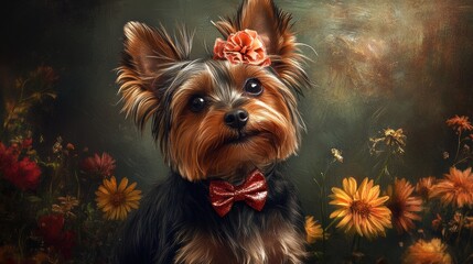 Naklejka premium Yorkshire Terrier with a Bow in its Fur.