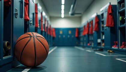 Basketball resting on locker room floor with blue lockers and red jerseys.