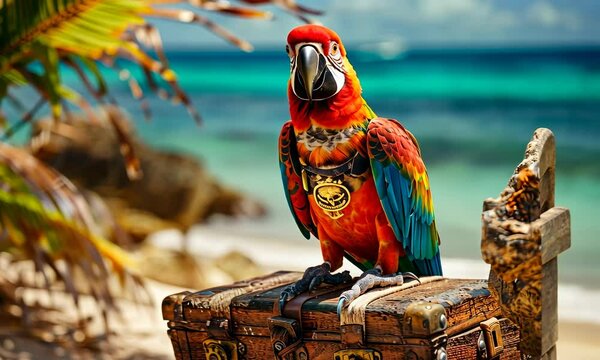 Parrot dressed as a pirate, perched on a treasure chest, beach scene, playful effects