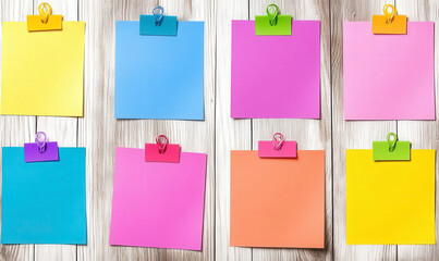 Colorful Sticky Notes on Wooden Surface for Creative Ideas, Organization, Reminders, and Planning in a Bright and Cheerful Workspace Atmosphere