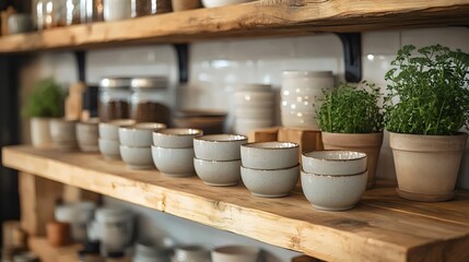 A shelf full of white bowls and potted plants