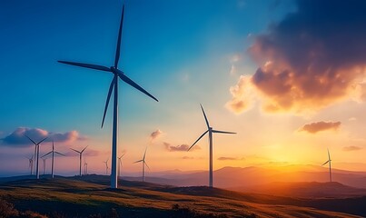 Wind turbines stand against a sunset sky, harnessing the power of the wind for energy