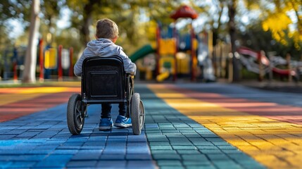 Obraz premium Child riding in wheelchair on colorful playground path during sunny day