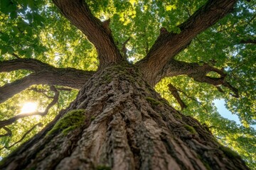 Obraz premium Majestic oak tree with deep grooves and vibrant green canopy showcasing nature's beauty in sunlight