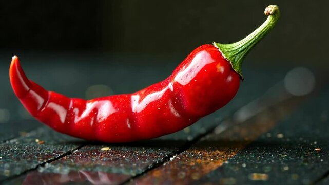 4k frame red chili pepper lying on dark background