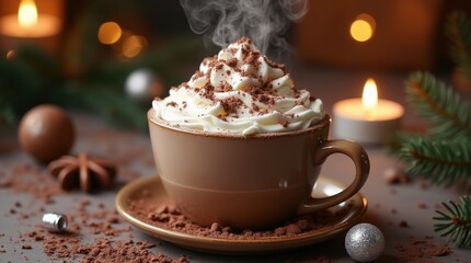 A steaming cup of hot chocolate topped with whipped cream and chocolate shavings